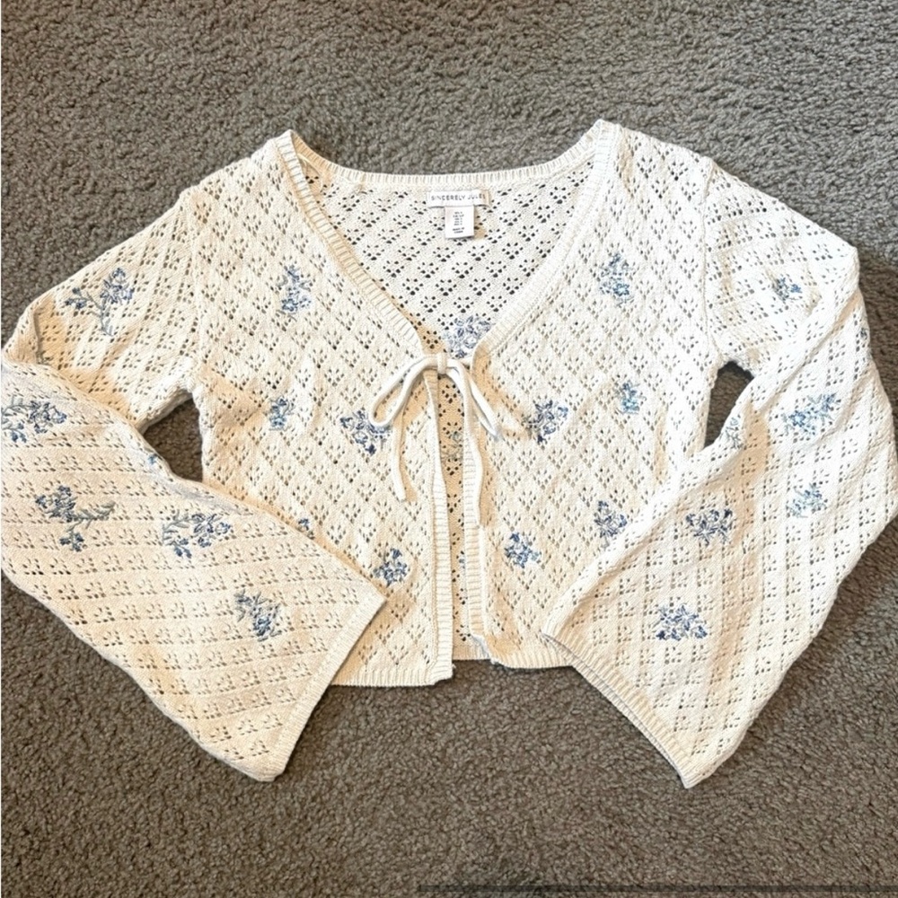 Sincerely Jules Cream and Blue Knit Cardigan